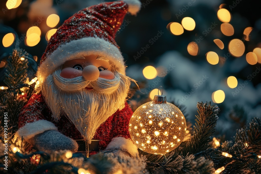 Obraz premium A Smiling Santa Claus Ornament on a Christmas Tree with Lights