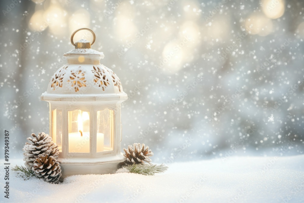White Lantern with Candle, Pine Cones, and Snowfall