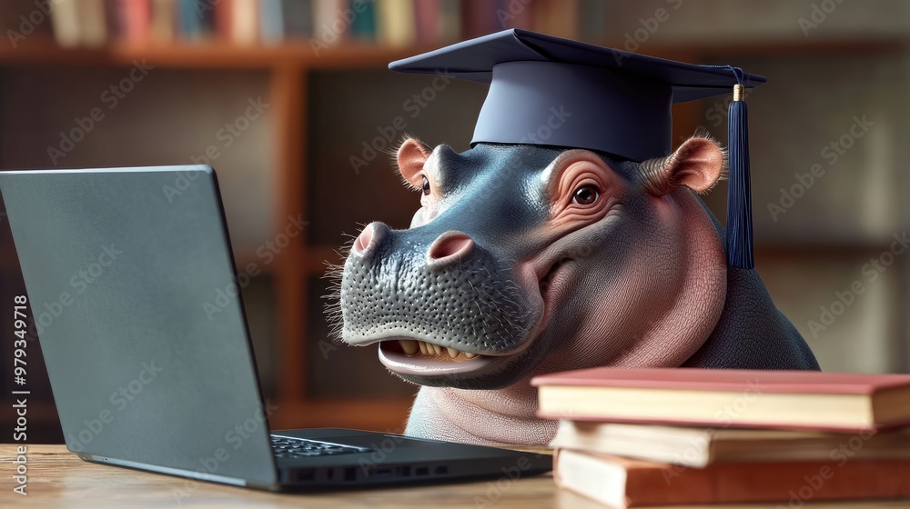A cute hippo wearing a graduation cap, smiling proudly in front of a laptop and books, symbolizing the fusion of modern education A cute hippo wearing a graduation cap, smiling proudly in front of a laptop and books, symbolizing the fusion of modern education