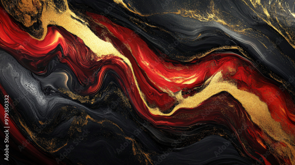 Obraz premium Bold, abstract waves of deep black, rich red, and metallic gold, forming dynamic, flowing shapes with dramatic energy.