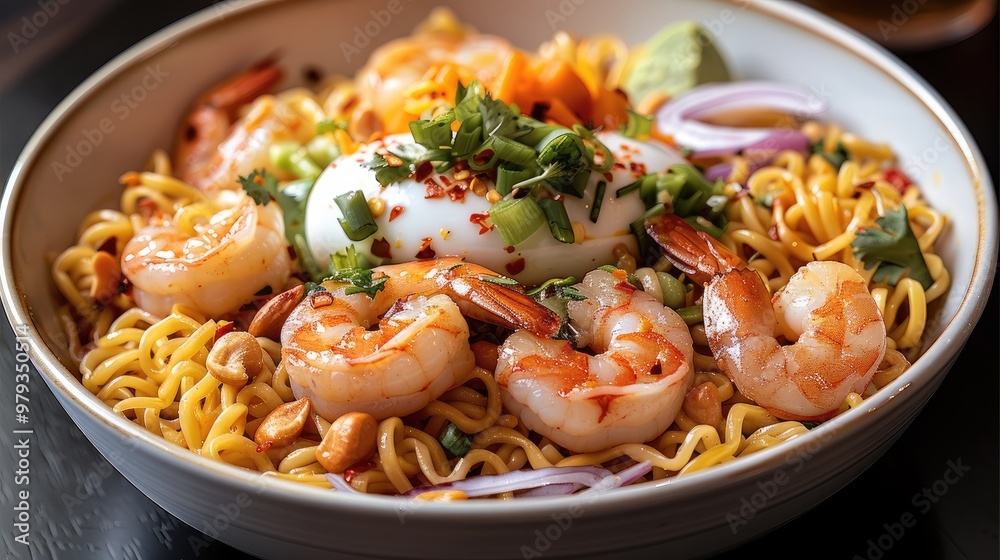 Mixed egg noodles, topped with three shrimps, The entire dish is sprinkled with golden crispy fried shallots. Generative AI. Mixed egg noodles, topped with three shrimps, The entire dish is sprinkled with golden crispy fried shallots. Generative AI.