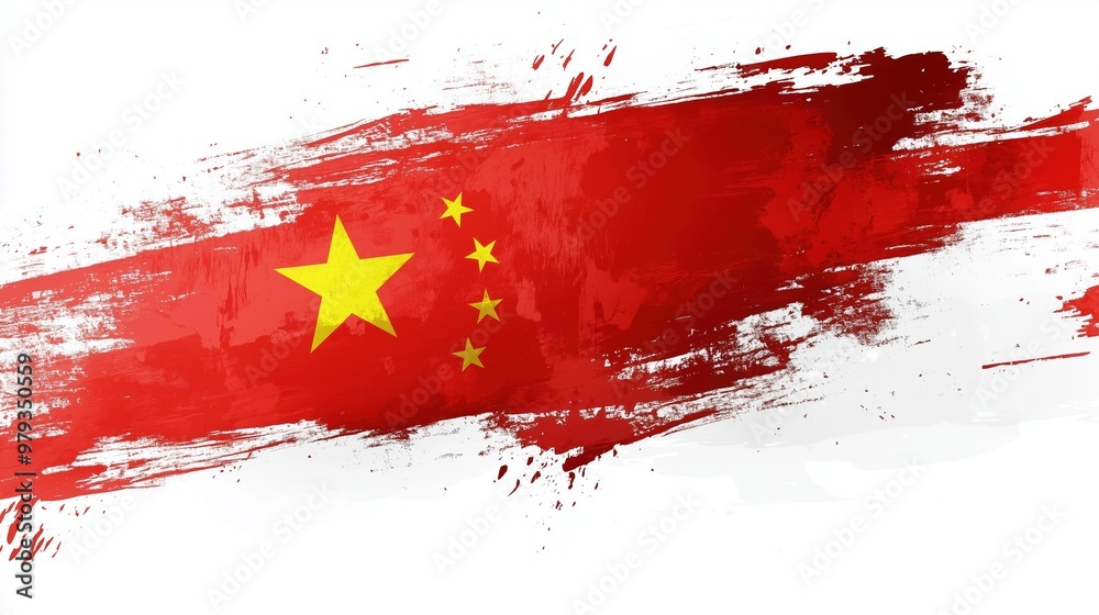 A vibrant Chinese flag illustration painted with watercolor brush strokes, isolated on a white background, featuring soft shadows and detailed textures. The flag's red and yellow colors stand out in a A vibrant Chinese flag illustration painted with watercolor brush strokes, isolated on a white background, featuring soft shadows and detailed textures. The flag's red and yellow colors stand out in a