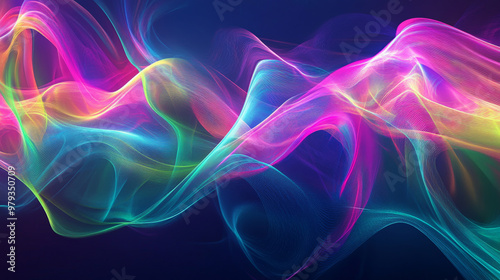 Bright, dynamic waves of neon green, fuchsia, and electric blue, with abstract shapes flowing together to create a futuristic look.