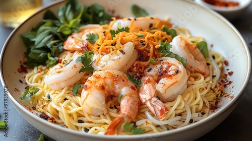 Mixed egg noodles, topped with three shrimps, The entire dish is sprinkled with golden crispy fried shallots. Generative AI.