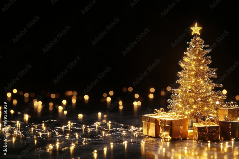 Golden Christmas Tree with Gifts and Lights on a Black Background Golden Christmas Tree with Gifts and Lights on a Black Background