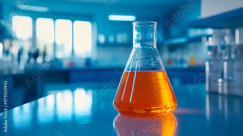 A Close-Up View of an Erlenmeyer Flask Filled with Orange Liquid in a Laboratory Setting