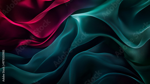 Deep, rich waves of color in emerald green, burgundy, and navy blue, forming dynamic shapes with smooth transitions for a dramatic abstract background.