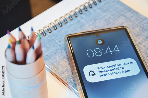 Appointment rescheduled reminder notification on mobile screen on desk. Close -up, selective focus. photo