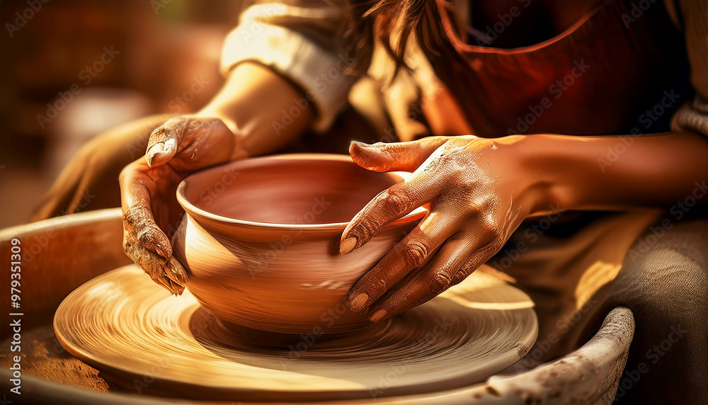Extreme close-up of two hands of potter making clay pot with a pottery wheel. Ceramics workshop concept, craftsman workshop craft, skill or hobby, sculptor traditional molding. Generative Ai. Extreme close-up of two hands of potter making clay pot with a pottery wheel. Ceramics workshop concept, craftsman workshop craft, skill or hobby, sculptor traditional molding. Generative Ai.