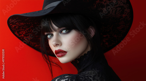 Mystical woman in black hat with bold makeup against red background