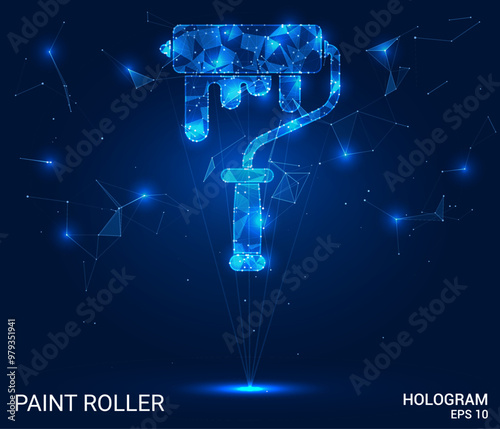 The hologram is a painting roller. The roller is made of polygons, triangles of points and lines. The painting roller has a low polygonal connection structure. Technology concept vector.