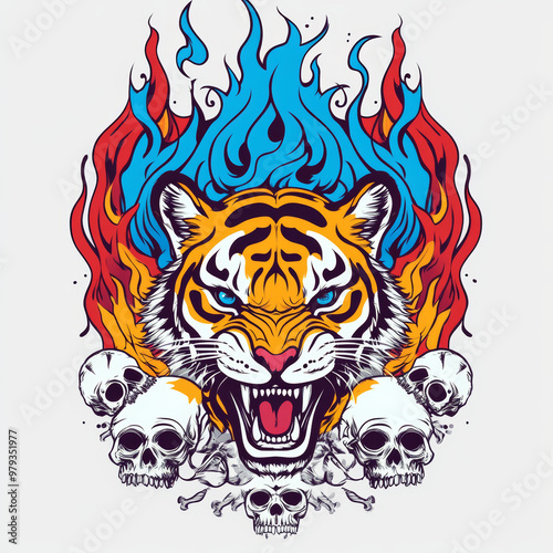 flat design tiger and skull fiery background full color