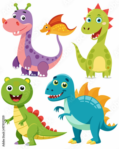 Set of Isolated Various Dinosaurs Cartoon Characters