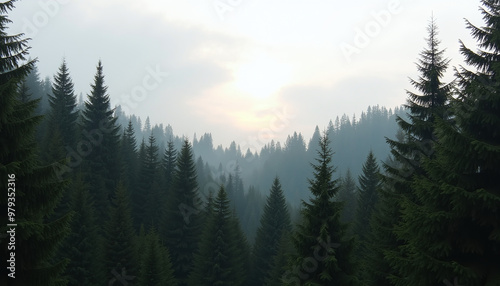 a forest with trees and fog in the background, with a sun shining through the clouds