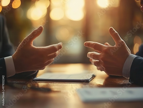 Business negotiation between two parties, formal setting, close-up, soft lighting, high detail