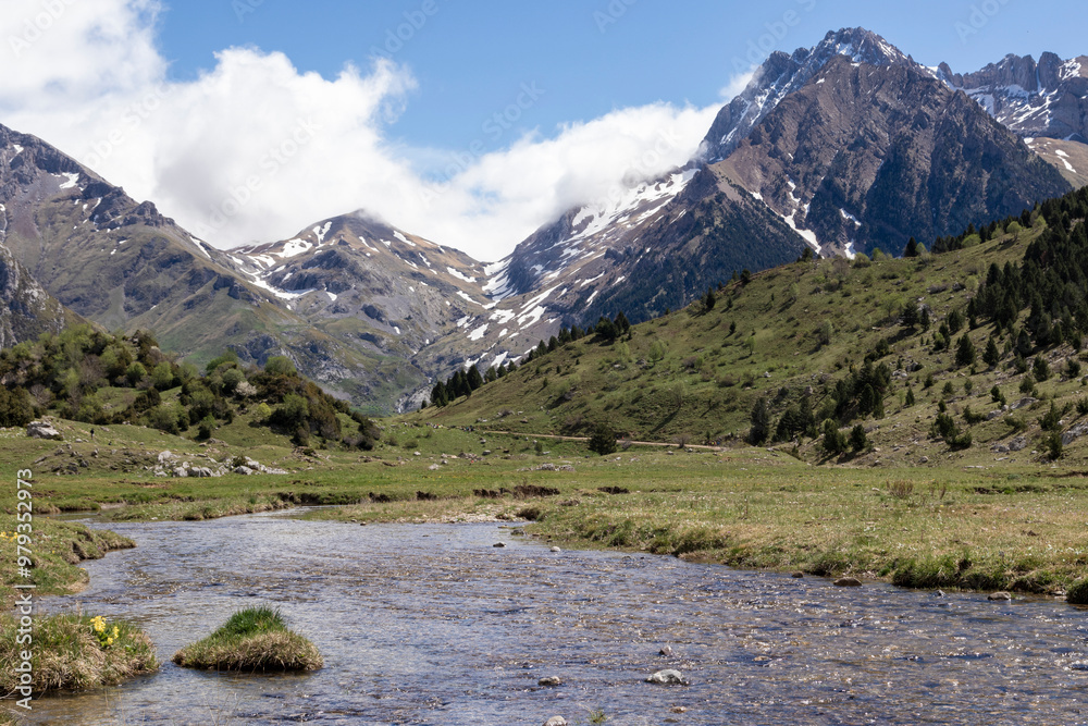 Idyllic Mountain Landscape with a Flowing Stream and Snow-Capped Peaks Idyllic Mountain Landscape with a Flowing Stream and Snow-Capped Peaks