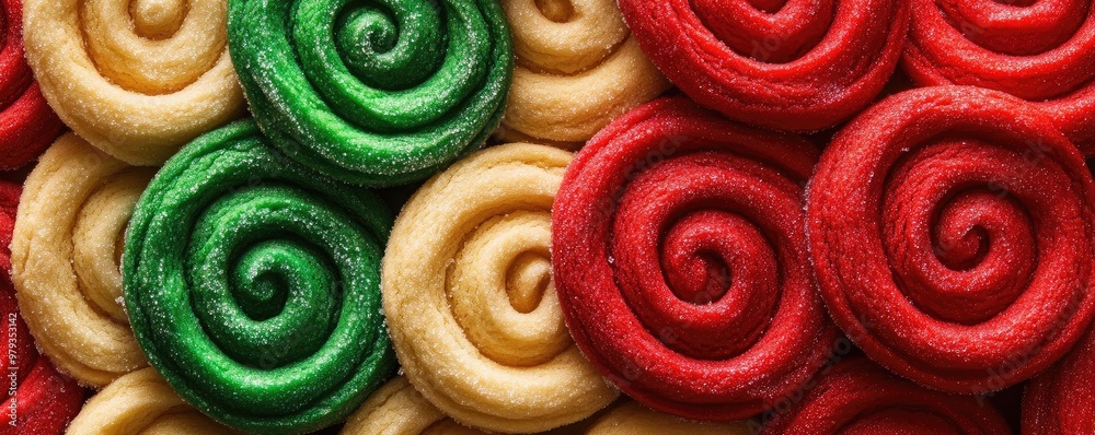 Colorful spiral cookies in festive red, green, and yellow. Perfect for holiday treats and baking inspiration. Colorful spiral cookies in festive red, green, and yellow. Perfect for holiday treats and baking inspiration.