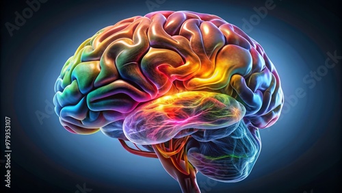 A detailed illustration of a brain scan, with bright colors and 3D Rendering, showcasing the different regions of the brain affected by neurological disorders