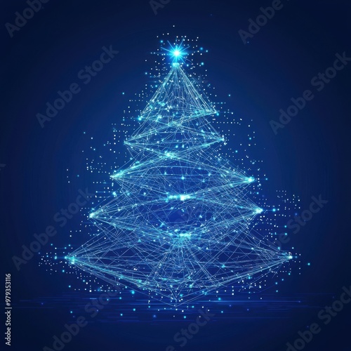 digital glowing tech christmas tree on blue background