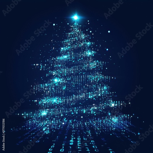 digital glowing tech christmas tree on blue background