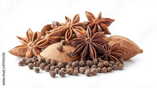 anise with anise seeds and star anise against an isolated white background