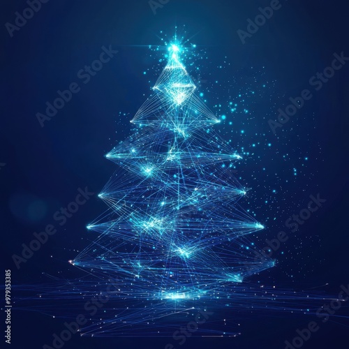 digital glowing tech christmas tree on blue background
