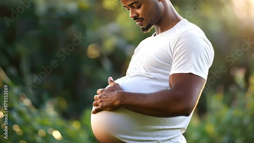 heavily pregnant transgender black man lovingly cradling his baby bump, embodying the beauty and strength of a gay non-binary African individual on their journey to parenthood