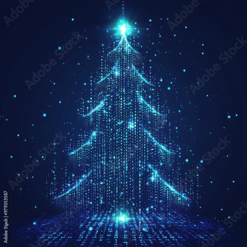 digital glowing tech christmas tree on blue background