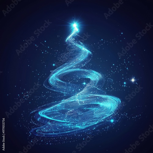 digital glowing tech christmas tree on blue background