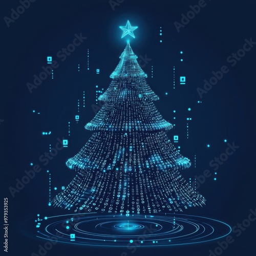 digital glowing tech christmas tree on blue background