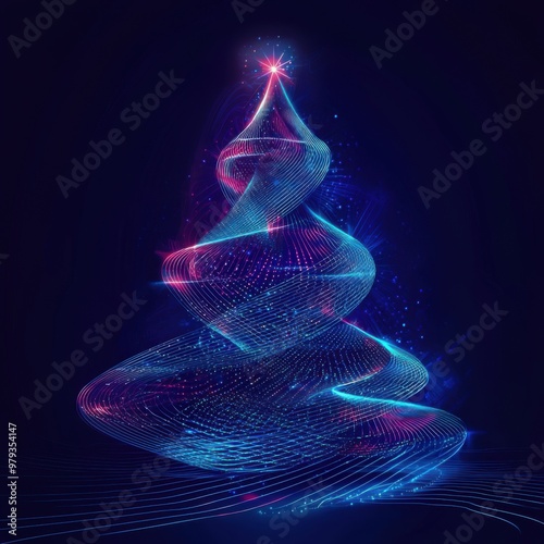 digital glowing tech christmas tree on blue background
