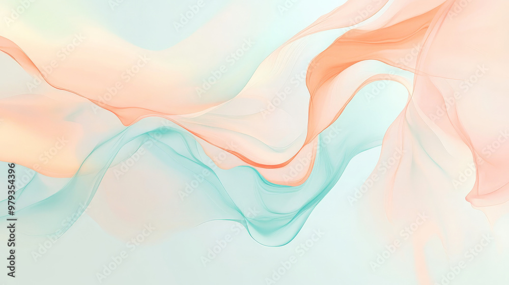 Fototapeta premium Soft gradient from pastel peach to light mint, with dynamic abstract swirls creating a gentle, flowing composition for a calm look.