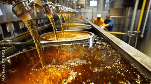 The filtration system is in action, where the beer is being filtered to remove any remaining yeast or solid particles photo