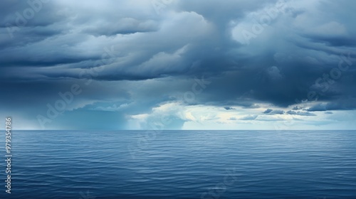 A close-up of a coastal scene with nimbostratus clouds hanging low over the ocean, with steady rain falling and creating ripples in the water, while the sky remains uniformly gray and overcast.