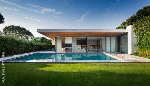 modern minimalist house pool lush greenery photo