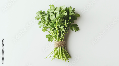 fresh cilantro tied with natural twine its bright, flat leaves offering a burst of green against an isolated white background