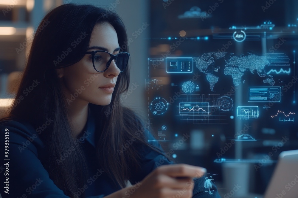 A woman in glasses analyzes data while working on a laptop, surrounded by digital charts and graphs in a modern office setting A woman in glasses analyzes data while working on a laptop, surrounded by digital charts and graphs in a modern office setting