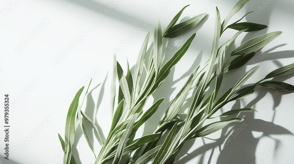 Fototapeta premium tarragon bundled with organic flax string its long, thin leaves gently curving against an isolated white background