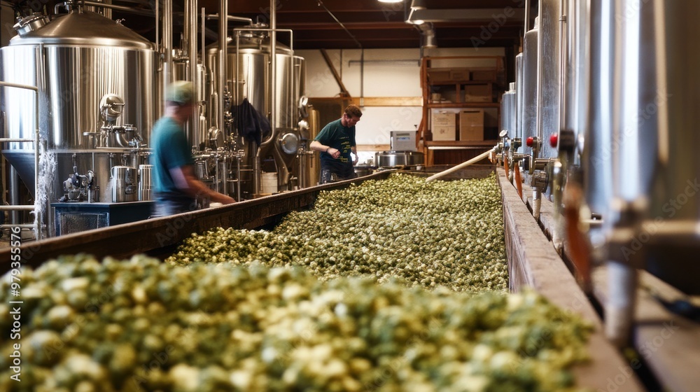The hop processing area is filled with the pungent aroma of fresh hops.