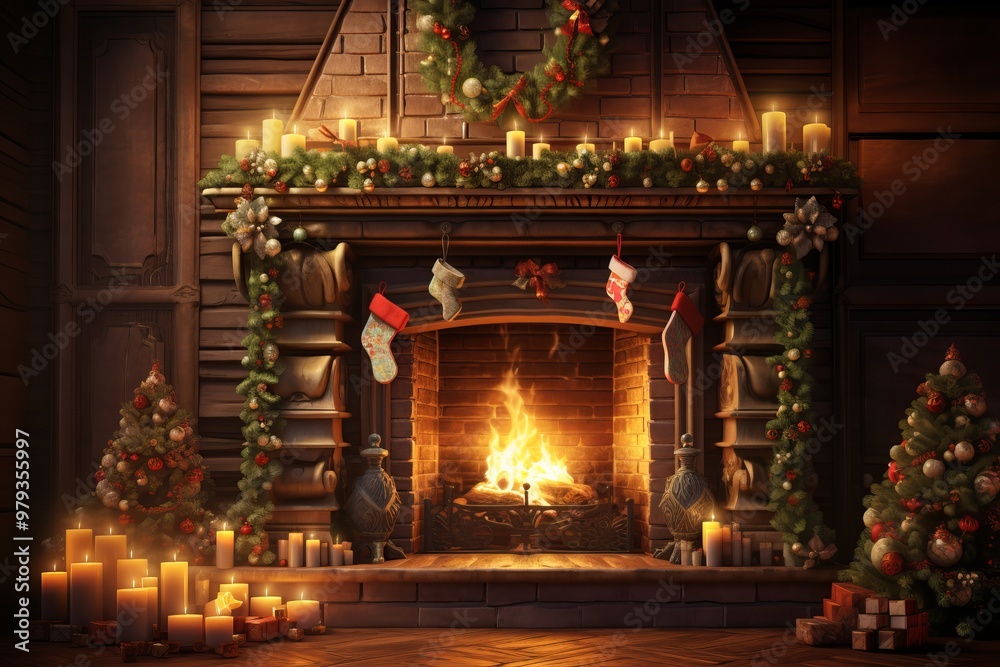 Fototapeta premium Cozy fireplace adorned with Christmas decorations and glowing candles during a festive evening