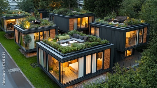 Ultra-modern cube homes, arranged in a staggered stack, each with unique rooftop terraces offering a mix of greenery and seating areas, minimalist style photo