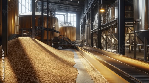 The malt processing area features towering silos of barley, where grains are milled to the perfect size photo