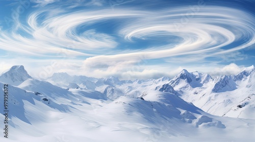 A picturesque mountain scene with high-altitude cirrus clouds forming intricate, wispy patterns above the snow-capped peaks, creating a contrast between the delicate clouds and rugged terrain below.