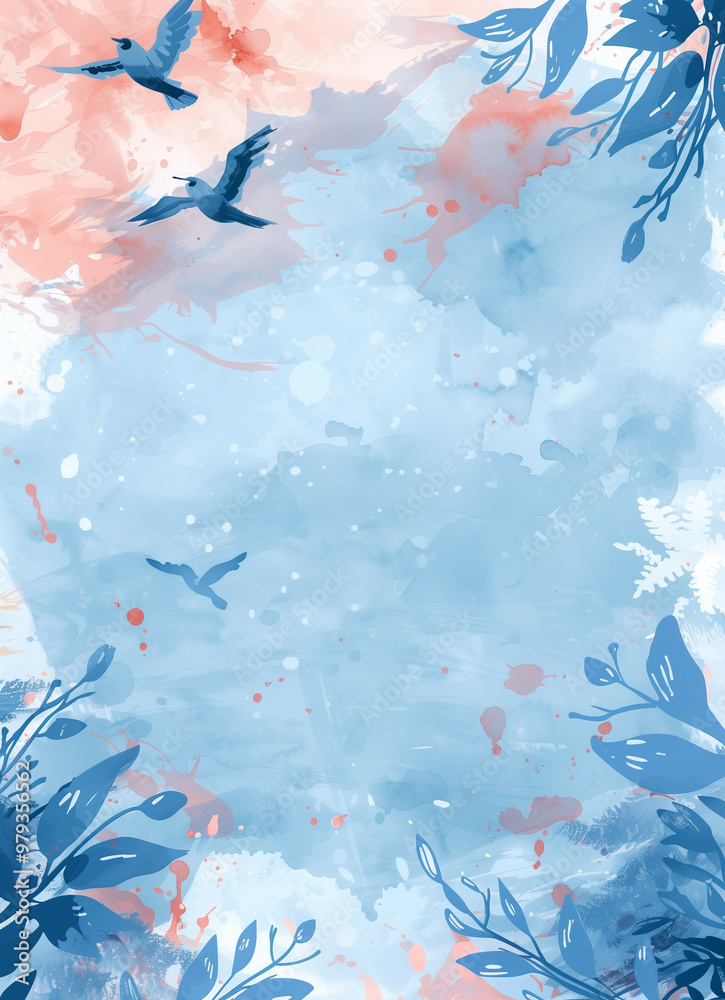 Fototapeta premium Blue and coral watercolor background with flying birds and leaves, artistic dreamy nature scene with copy space