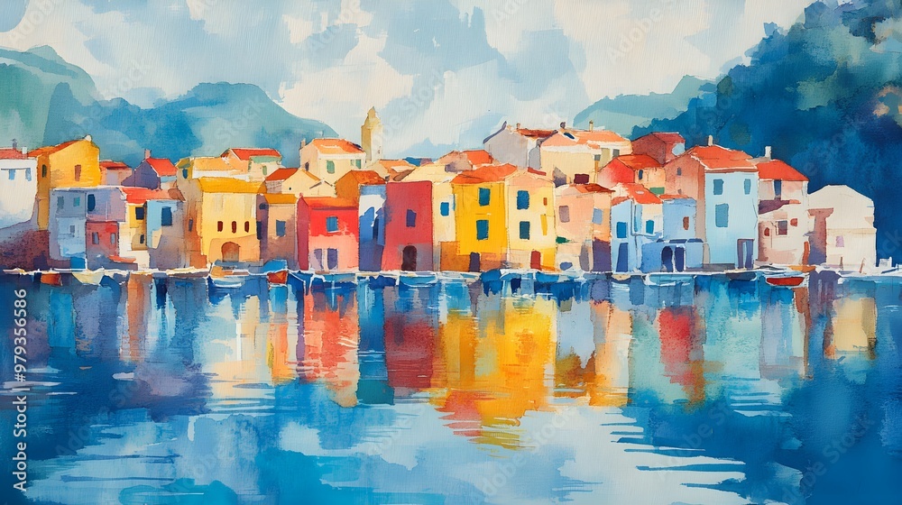 Obraz premium Tranquil seaside village, lively blues, reds, and yellows of houses contrasting with the calm sea, soft brushstrokes capturing a peaceful day, watercolor effect