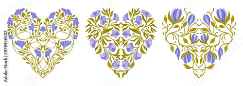 Set of Floral Hearts. Valentine’s Day. Vector.