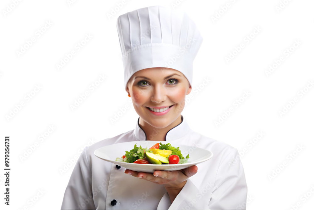 Female chef holding a dish on plate isolated on transparent background Female chef holding a dish on plate isolated on transparent background