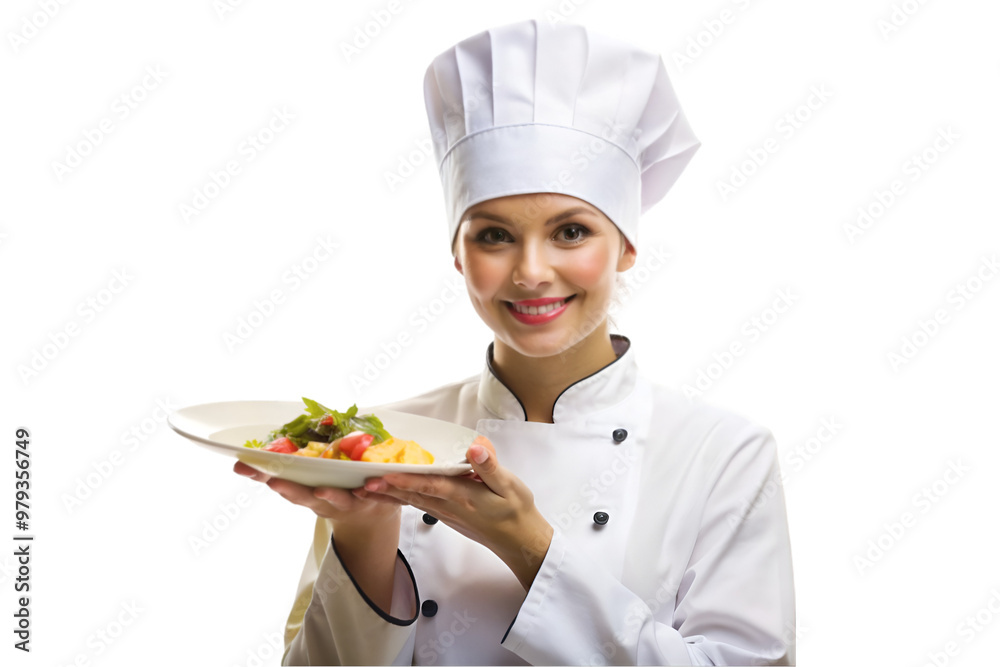 Female chef holding a dish on plate isolated on transparent background Female chef holding a dish on plate isolated on transparent background