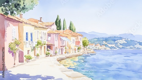 Watercolor painting of a vibrant coastal village, pastel-colored houses lining the shore, a sparkling turquoise sea reflecting the clear blue sky, creating a serene summer scene