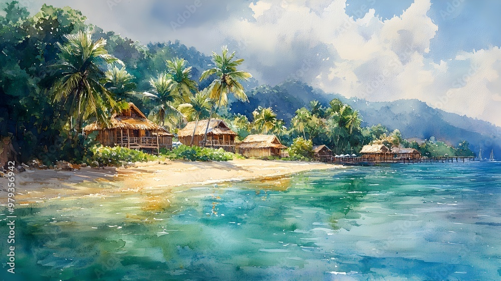 Obraz premium Idyllic tropical village, vibrant huts tucked into lush greenery, with a crystal-clear lagoon gently meeting the sandy shore, in soft watercolor hues